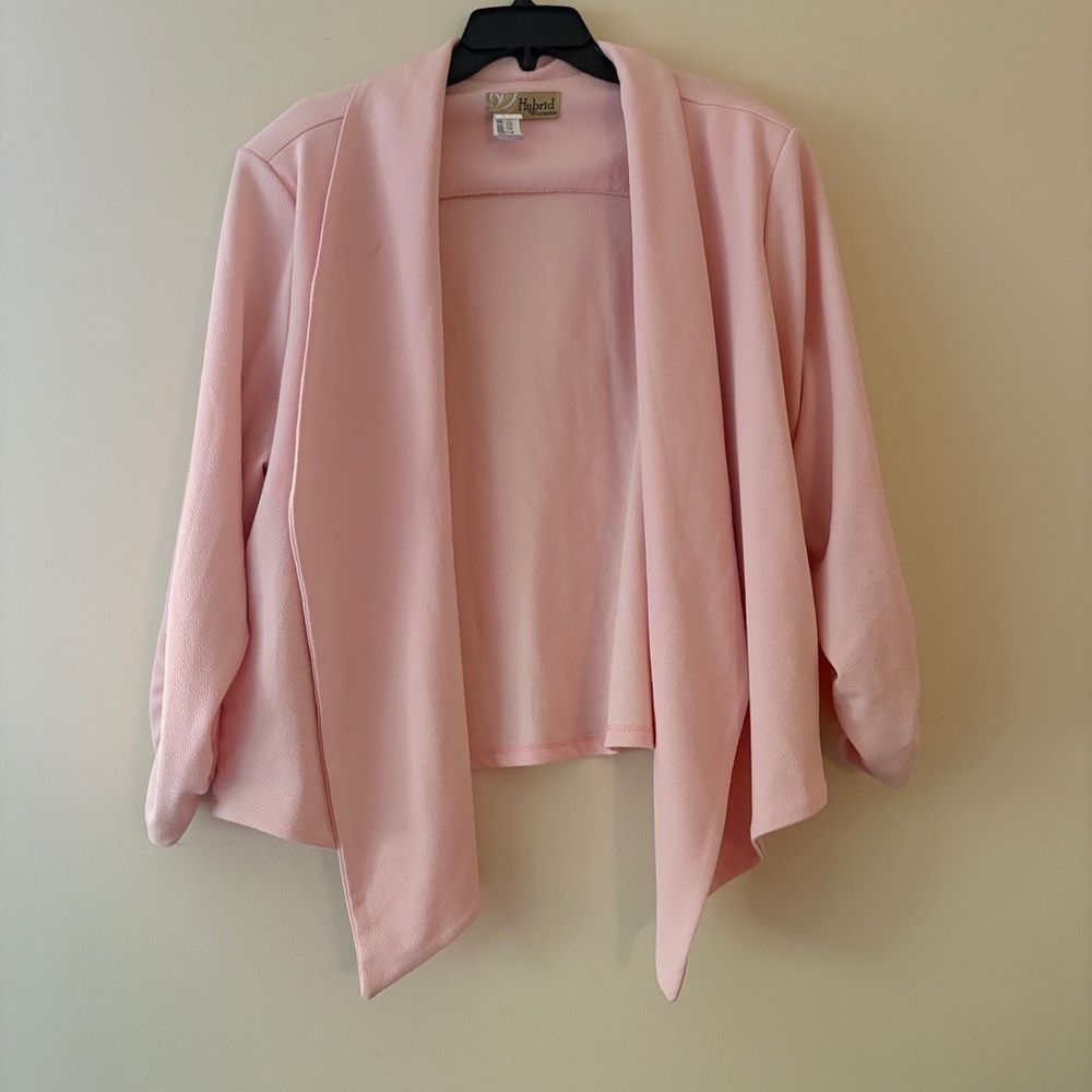 Hybrid & Company Women’s Pink Open Front Blazer Size L Ruched Sleeve Draped Hem